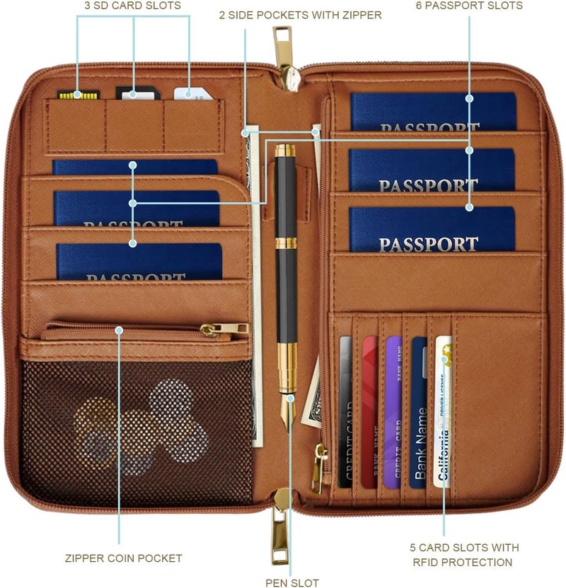 Simikol Family Passport Holder Wallet 6 Slots for Passport RFID Blocking Document Organizer PU Leather Mulit-purpose Travel Wallets Credit Cards Holder for Women Men, Brown Cow - Image 2